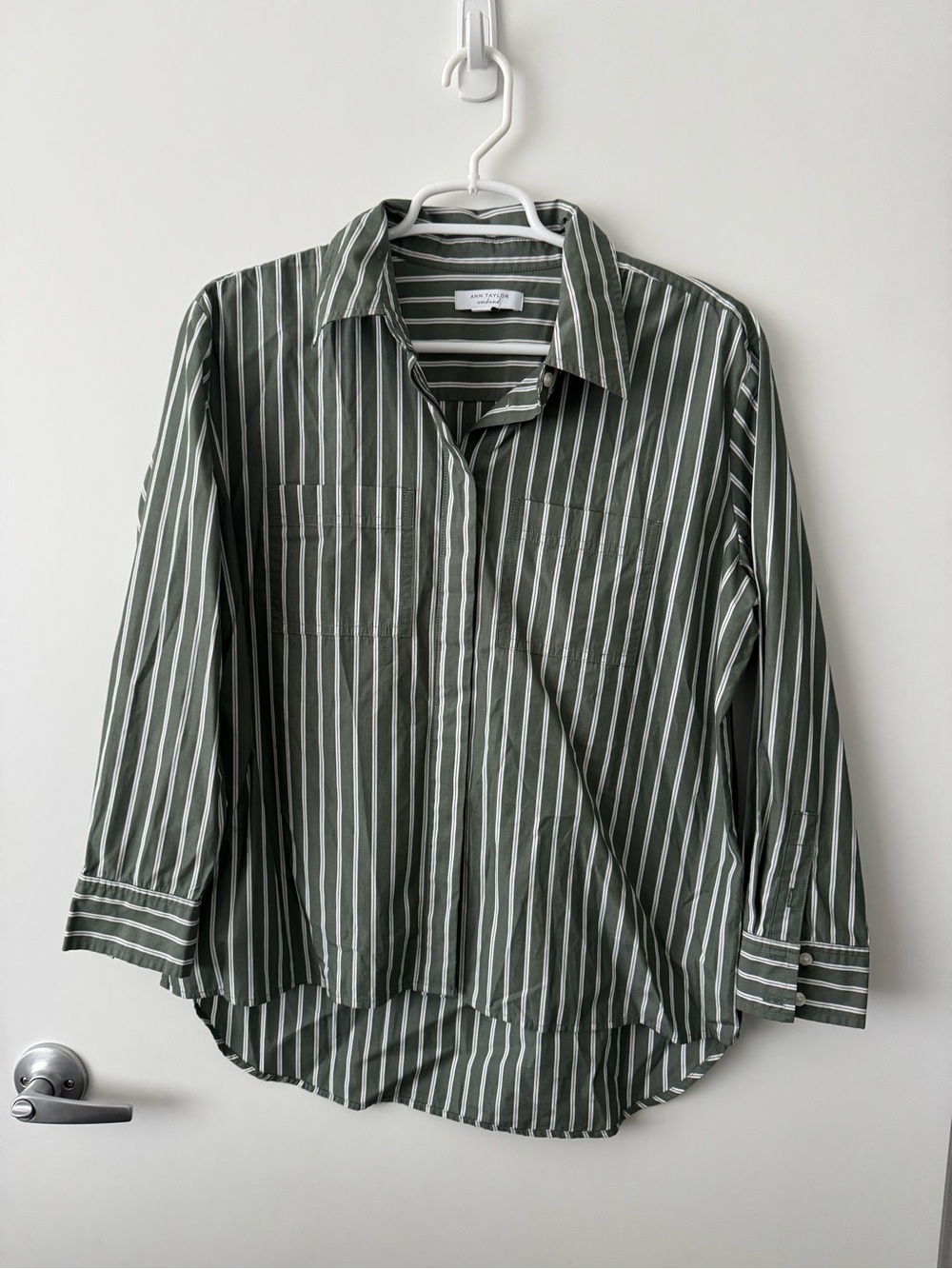 Ann Taylor Olive Green and White Striped Button-Down Shirt
